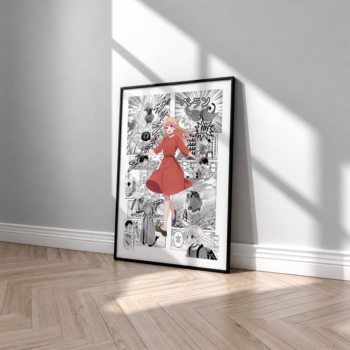 Nico Wakatsuki manga poster inspired by Witch Watch in a black frame against a light gray wall