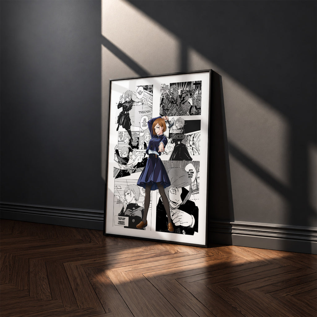 Nobara Kugisaki manga poster inspired by Jujutsu Kaisen in a black frame against a charcoal gray wall