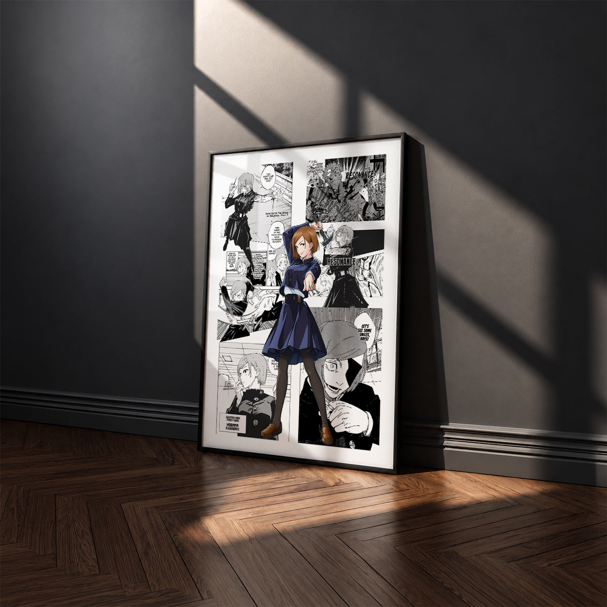 Nobara Kugisaki manga poster inspired by Jujutsu Kaisen in a black frame against a charcoal gray wall