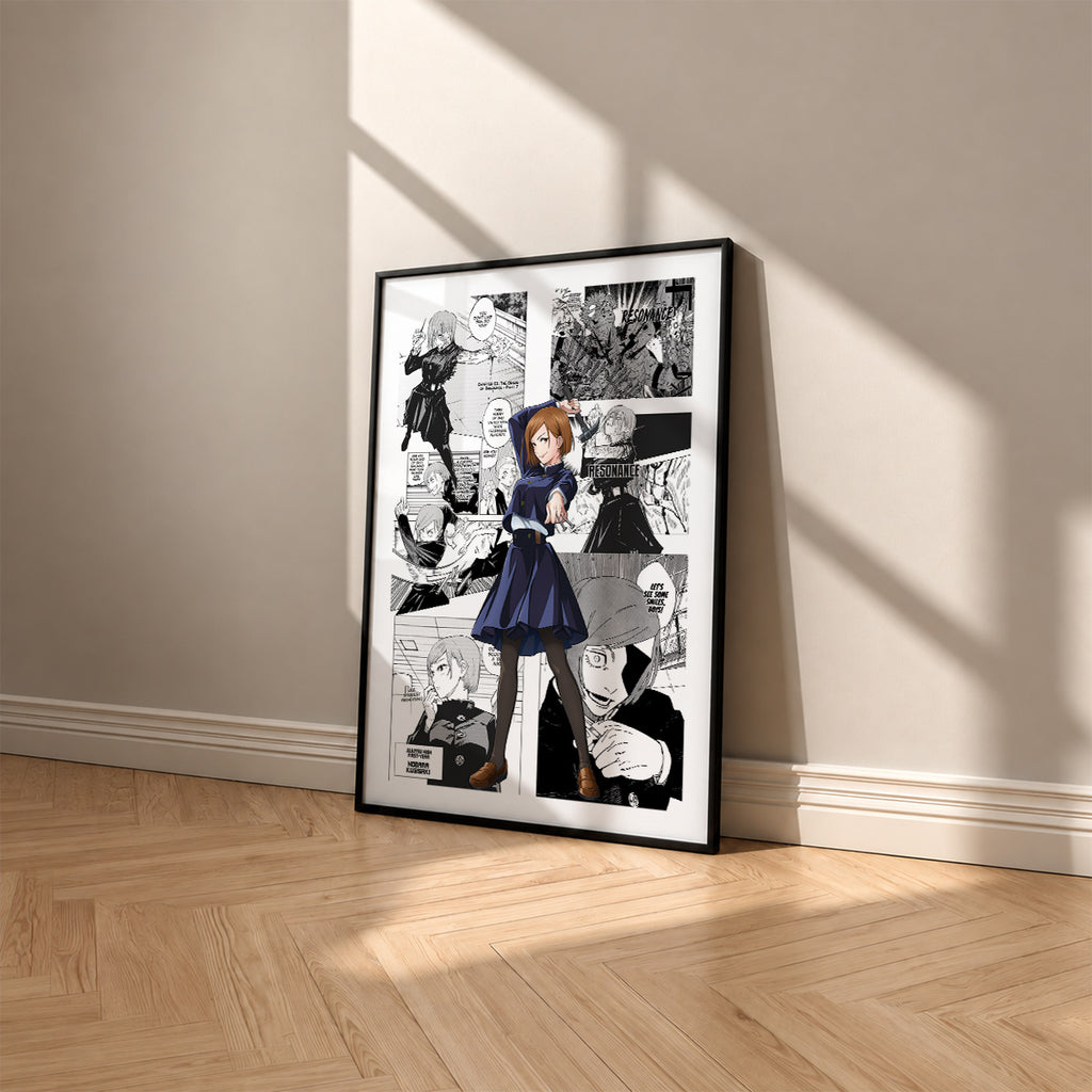 Nobara Kugisaki manga poster inspired by Jujutsu Kaisen in a black frame against a warm beige wall