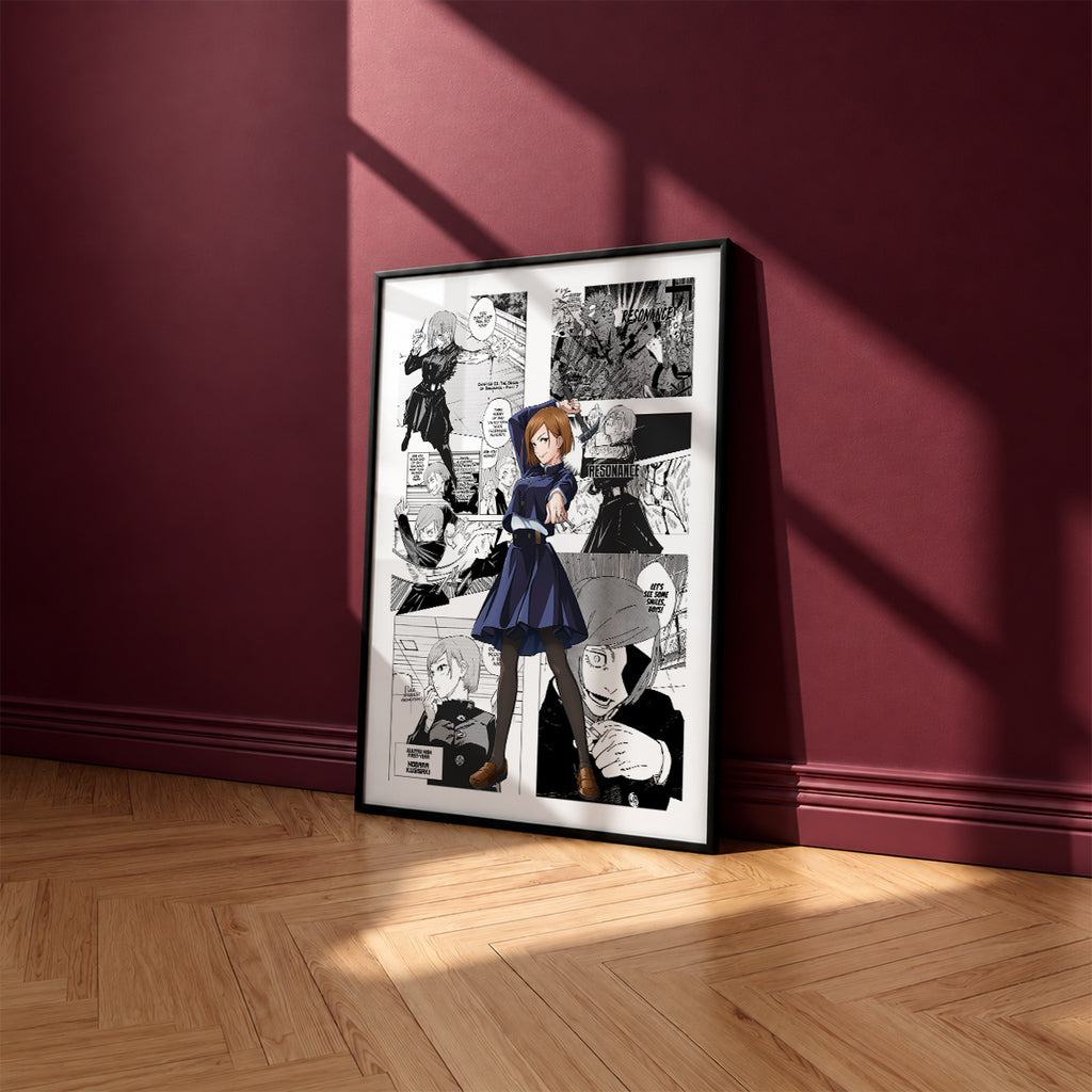 Nobara Kugisaki manga poster inspired by Jujutsu Kaisen in a black frame against a burgundy wall