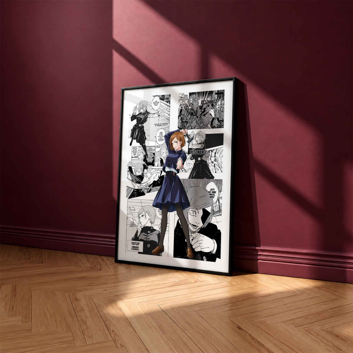 Nobara Kugisaki manga poster inspired by Jujutsu Kaisen in a black frame against a burgundy wall