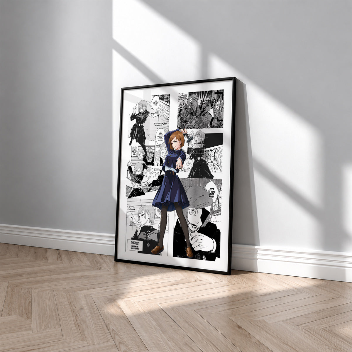 Nobara Kugisaki manga poster inspired by Jujutsu Kaisen in a black frame against a light gray wall