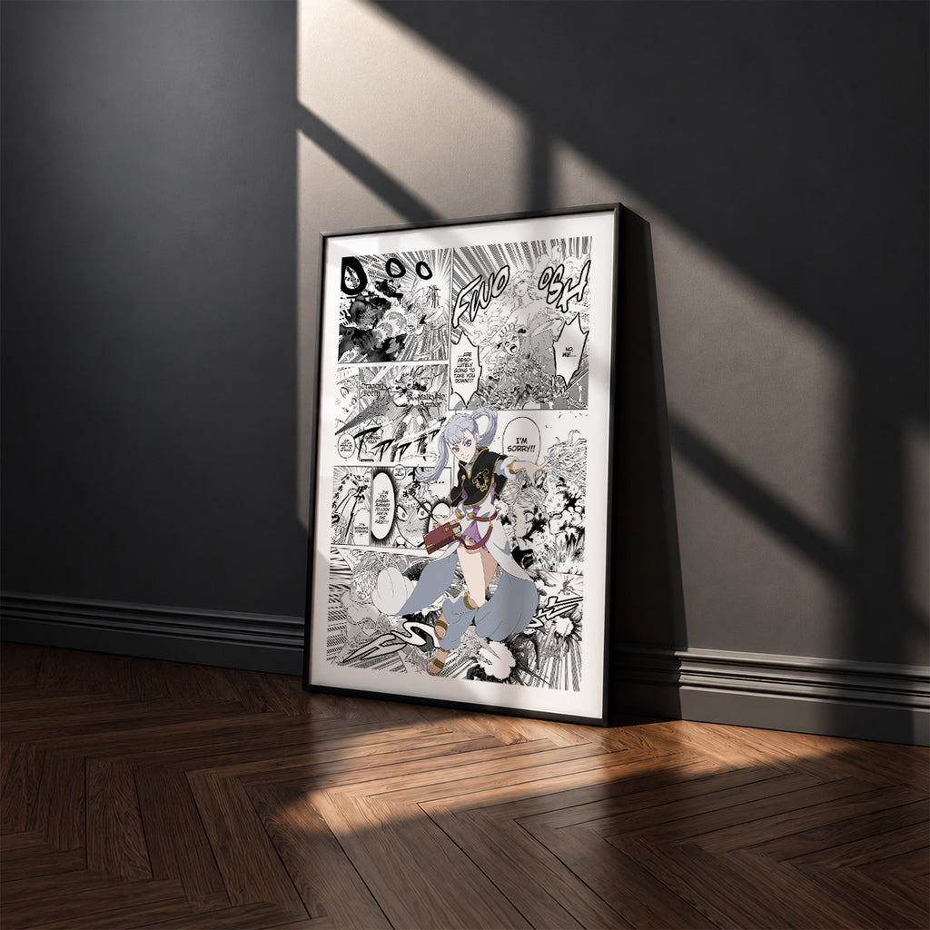 Noelle Silva manga poster inspired by Black Clover in a black frame against a charcoal gray wall