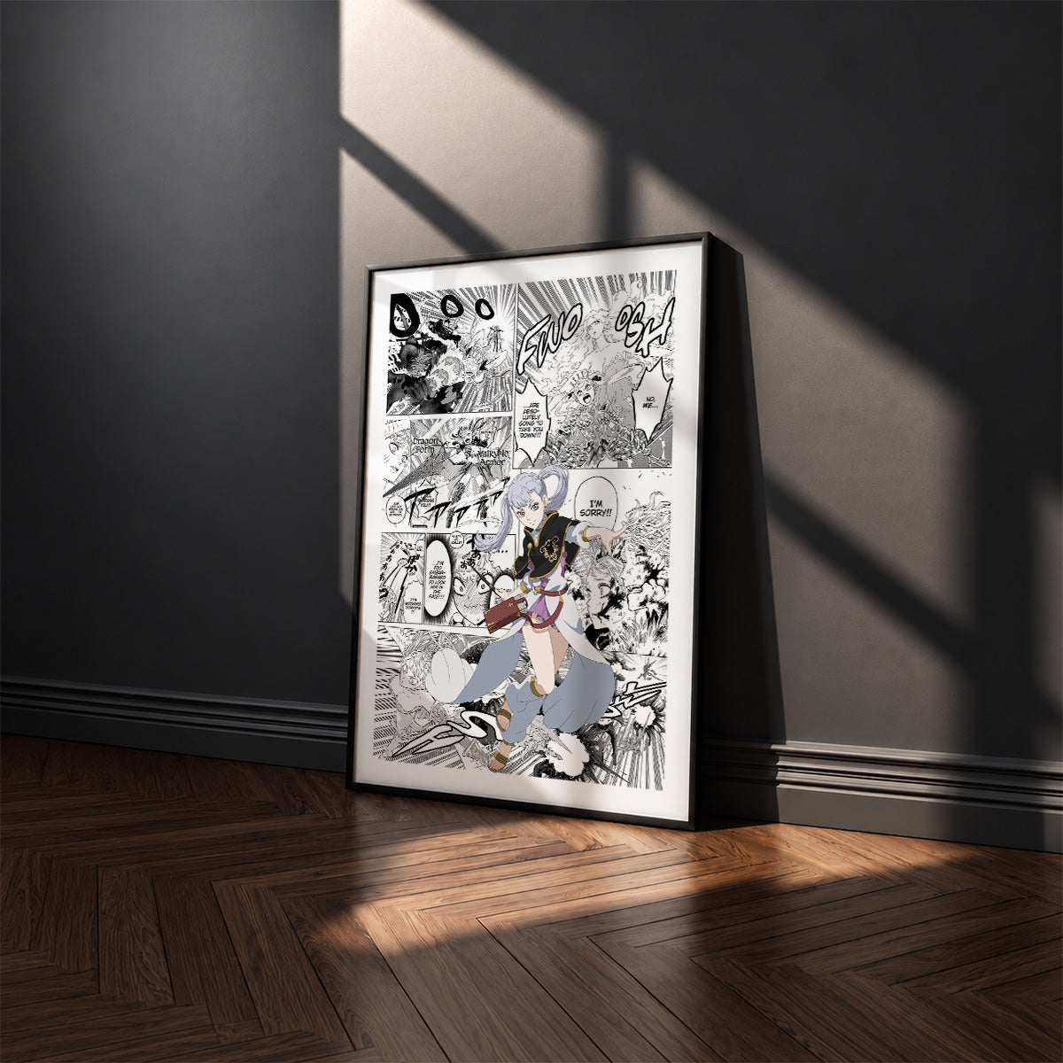 Noelle Silva manga poster inspired by Black Clover in a black frame against a charcoal gray wall
