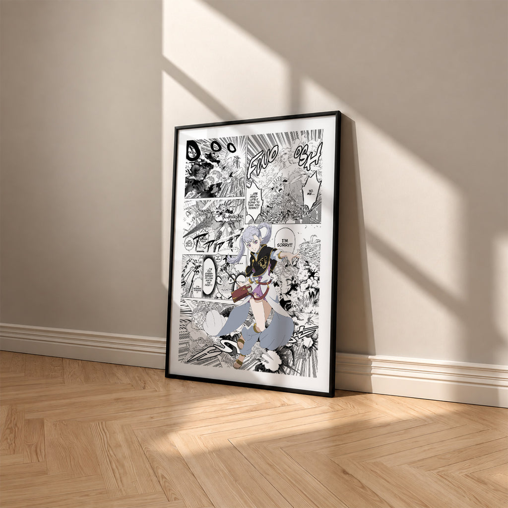 Noelle Silva manga poster inspired by Black Clover in a black frame against a warm beige wall