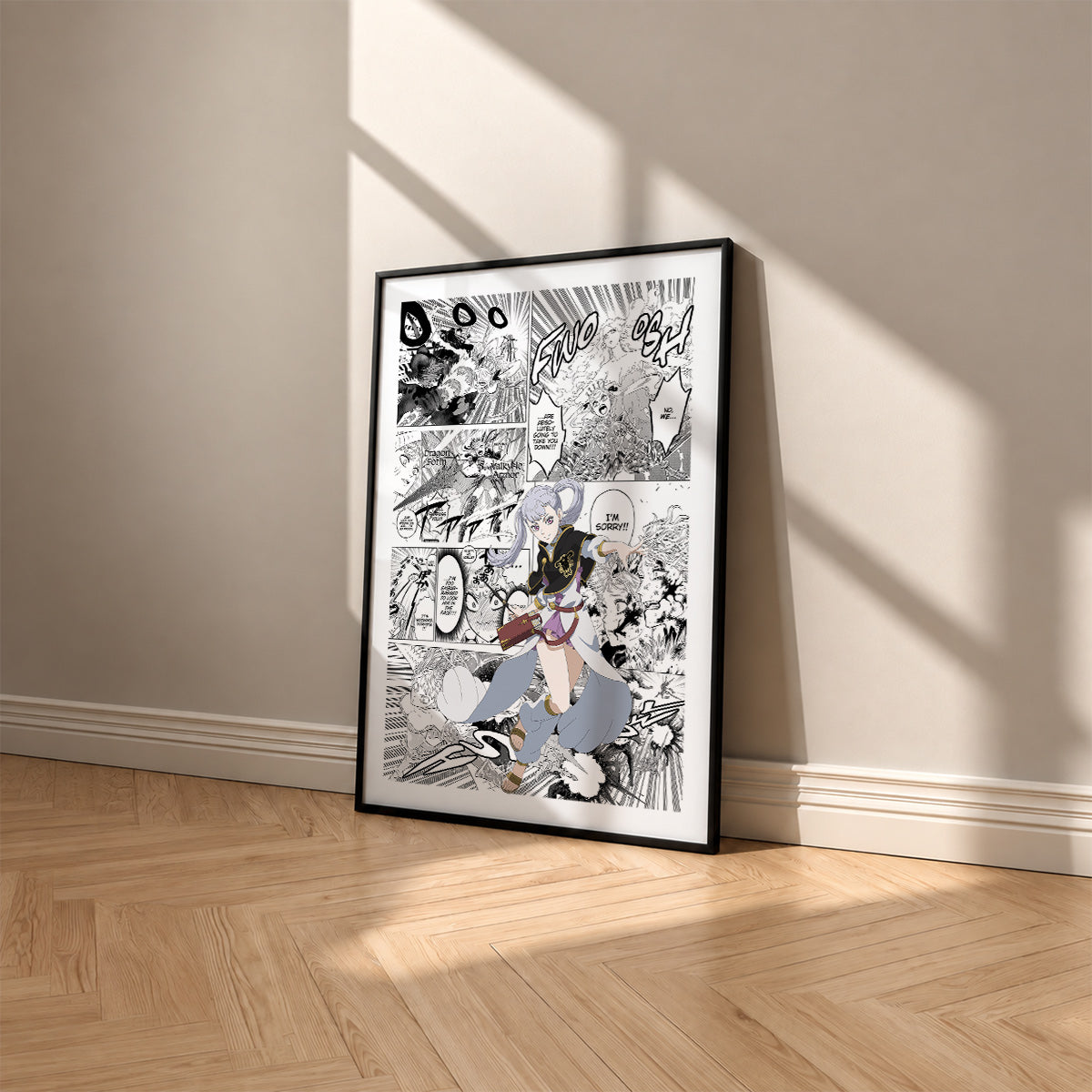 Noelle Silva manga poster inspired by Black Clover in a black frame against a warm beige wall