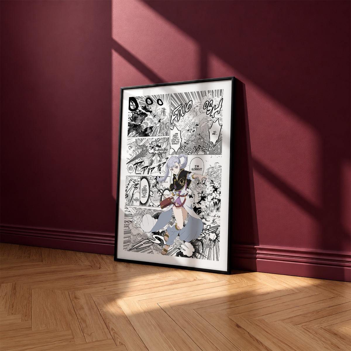 Noelle Silva manga poster inspired by Black Clover in a black frame against a burgundy wall