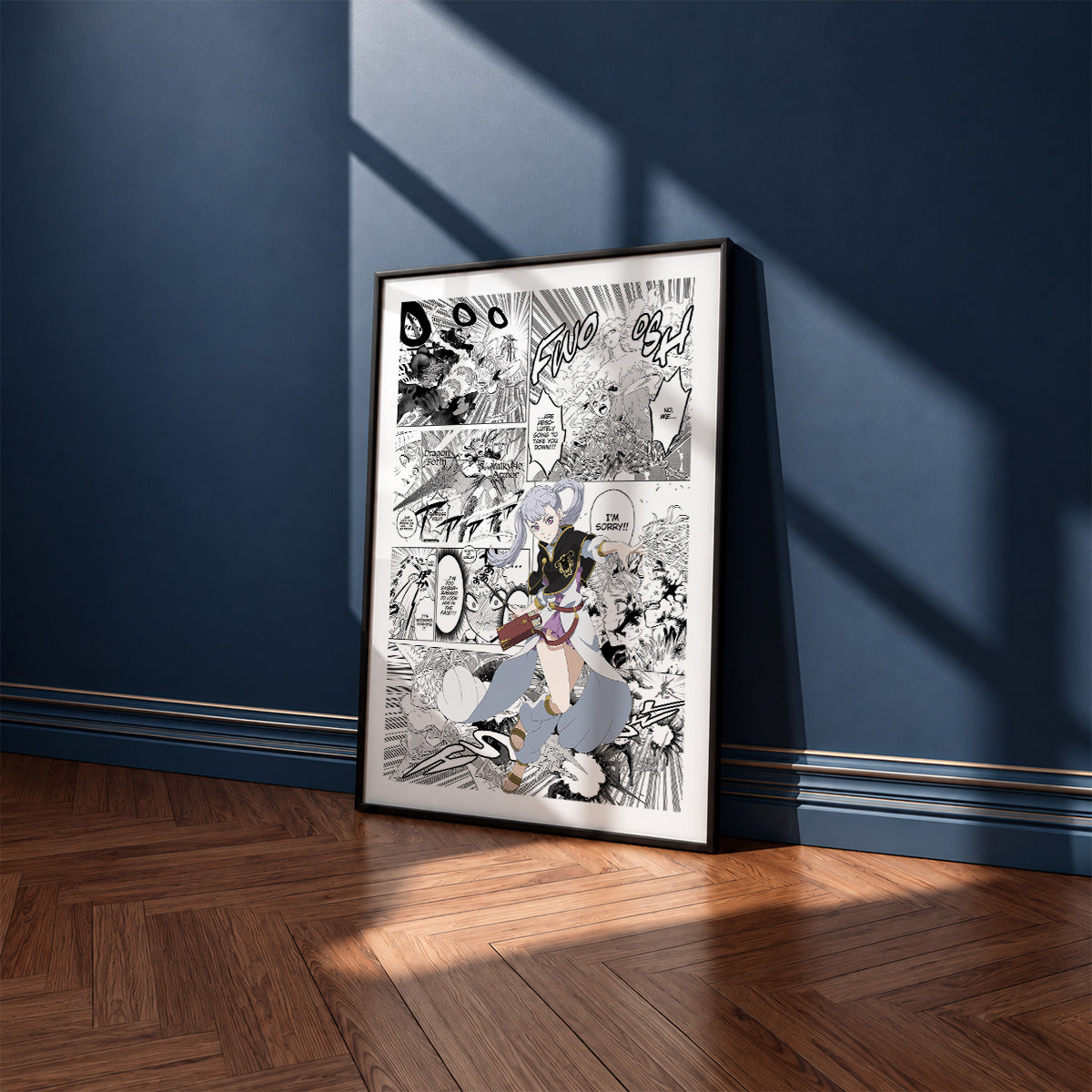 Noelle Silva manga poster inspired by Black Clover in a black frame against a navy blue wall