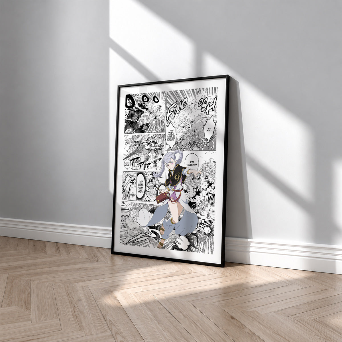 Noelle Silva manga poster inspired by Black Clover in a black frame against a light gray wall