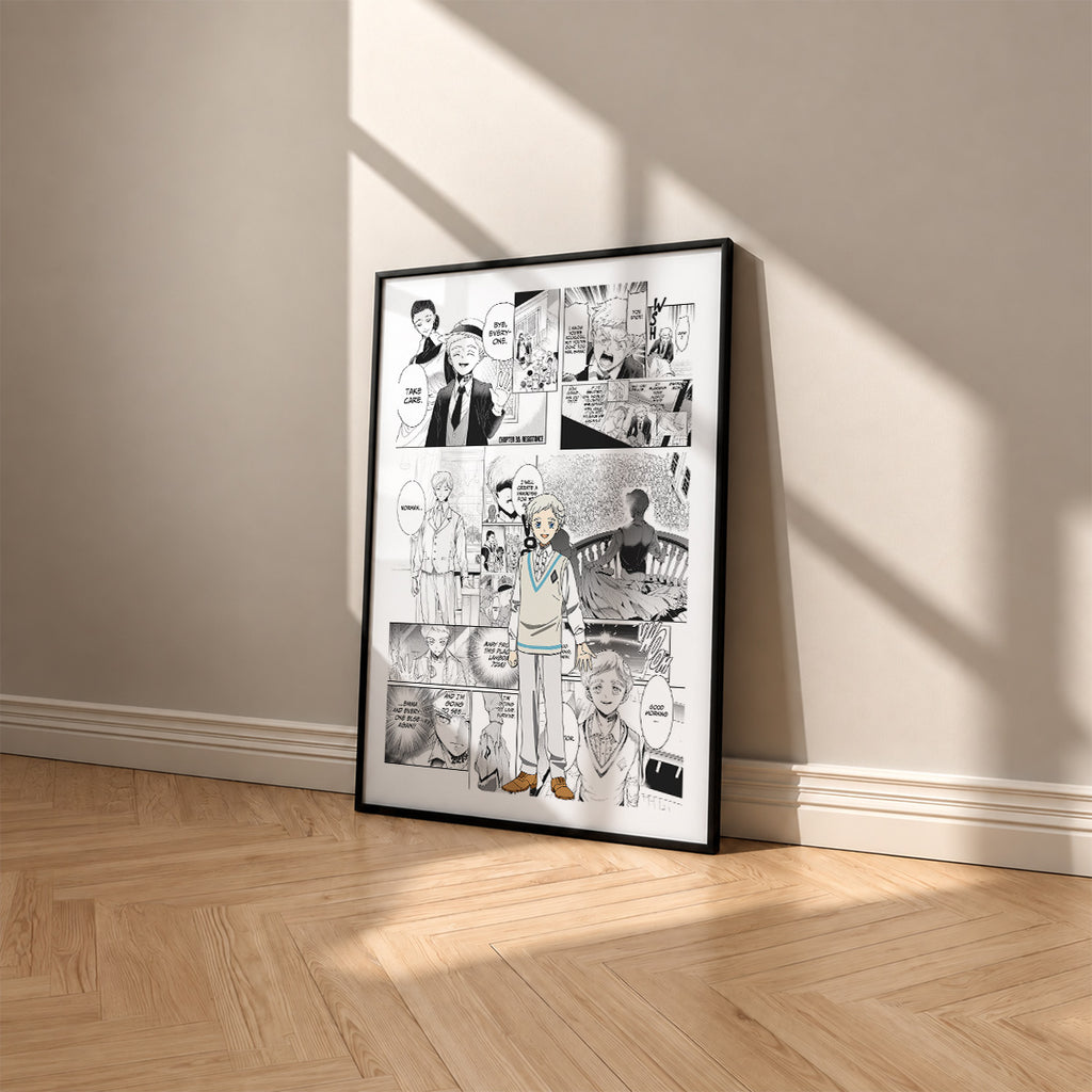 Norman manga poster inspired by The Promised Neverland in a black frame against a warm beige wall