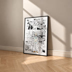 Norman manga poster inspired by The Promised Neverland in a black frame against a warm beige wall