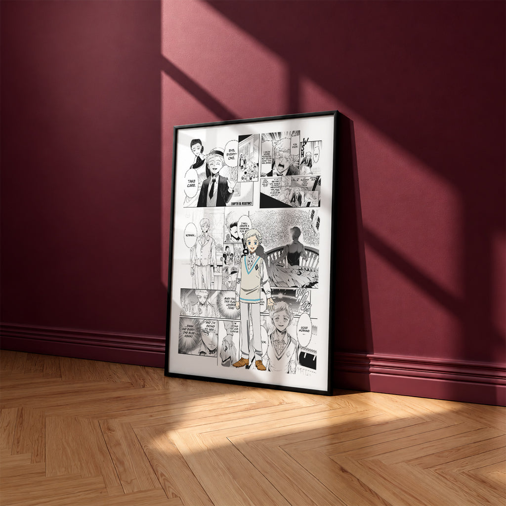 Norman manga poster inspired by The Promised Neverland in a black frame against a burgundy wall