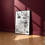 Norman manga poster inspired by The Promised Neverland in a black frame against a burgundy wall