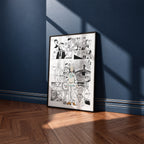 Norman manga poster inspired by The Promised Neverland in a black frame against a navy blue wall