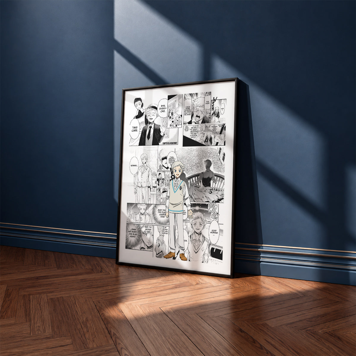 Norman manga poster inspired by The Promised Neverland in a black frame against a navy blue wall