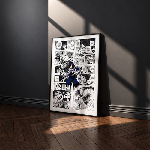 Obanai Iguro manga poster inspired by Demon Slayer in a black frame against a charcoal gray wall