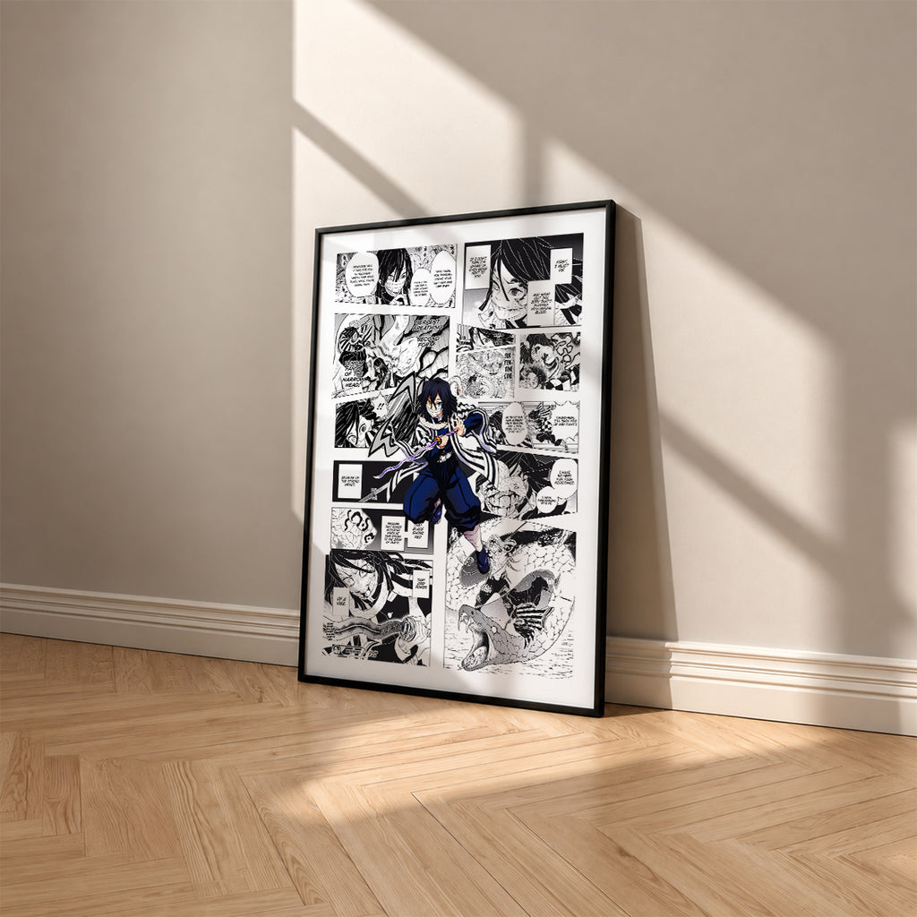 Obanai Iguro manga poster inspired by Demon Slayer in a black frame against a warm beige wall