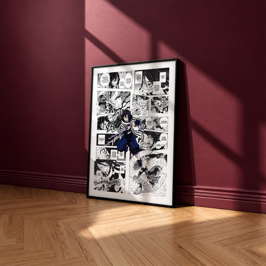 Obanai Iguro manga poster inspired by Demon Slayer in a black frame against a burgundy wall