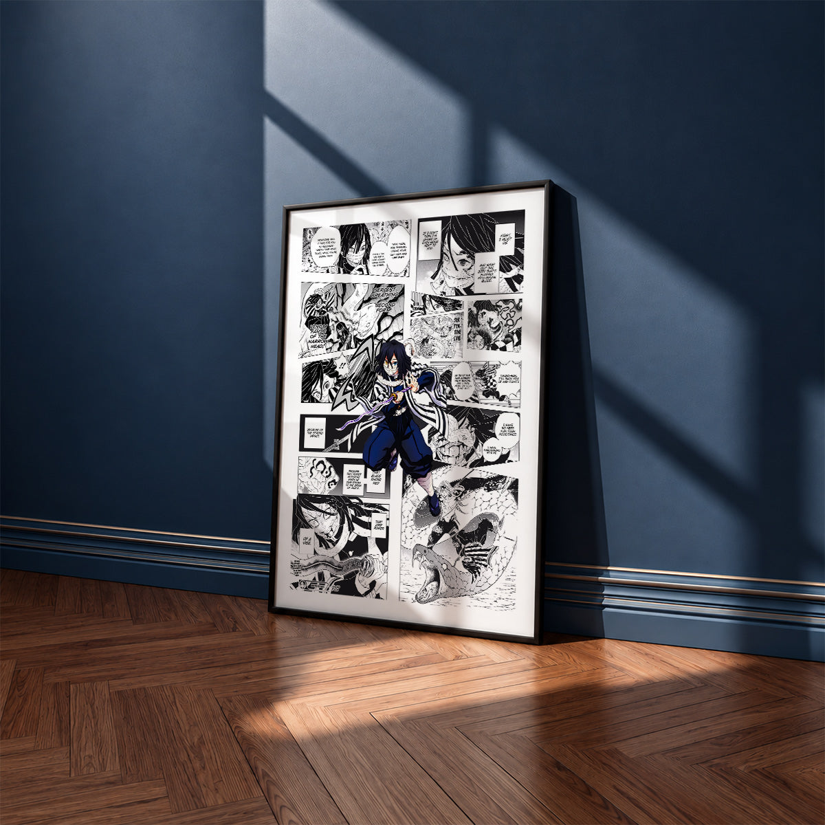 Obanai Iguro manga poster inspired by Demon Slayer in a black frame against a navy blue wall