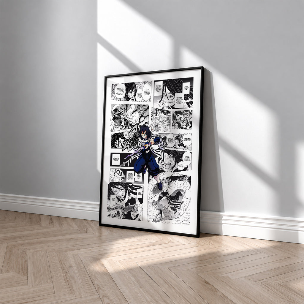 Obanai Iguro manga poster inspired by Demon Slayer in a black frame against a light gray wall