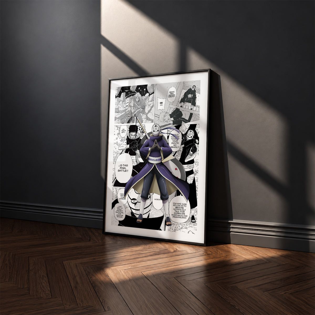 Obito Uchiha manga poster inspired by Naruto in a black frame against a charcoal gray wall