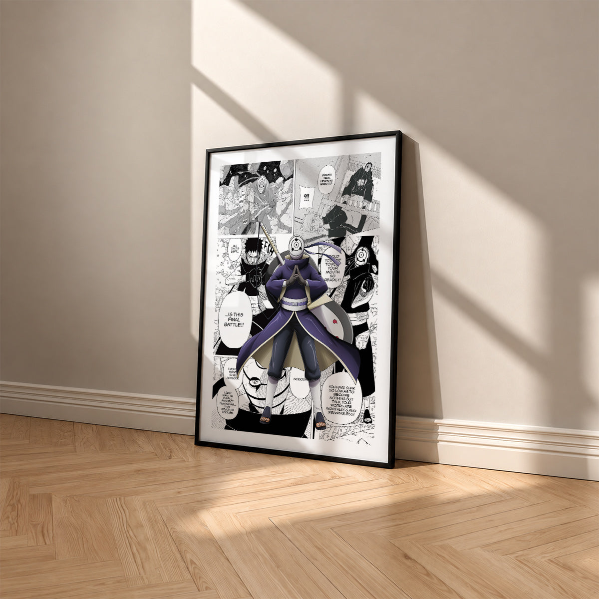 Obito Uchiha manga poster inspired by Naruto in a black frame against a warm beige wall
