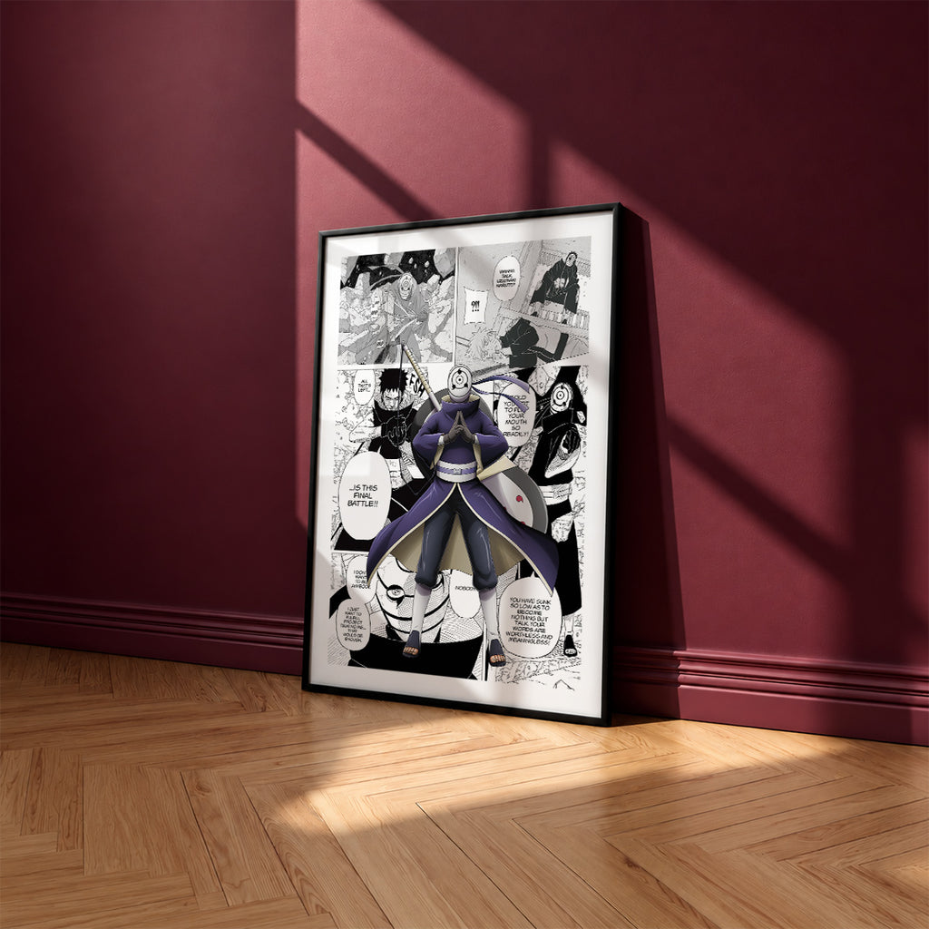 Obito Uchiha manga poster inspired by Naruto in a black frame against a burgundy wall
