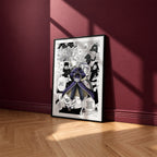 Obito Uchiha manga poster inspired by Naruto in a black frame against a burgundy wall