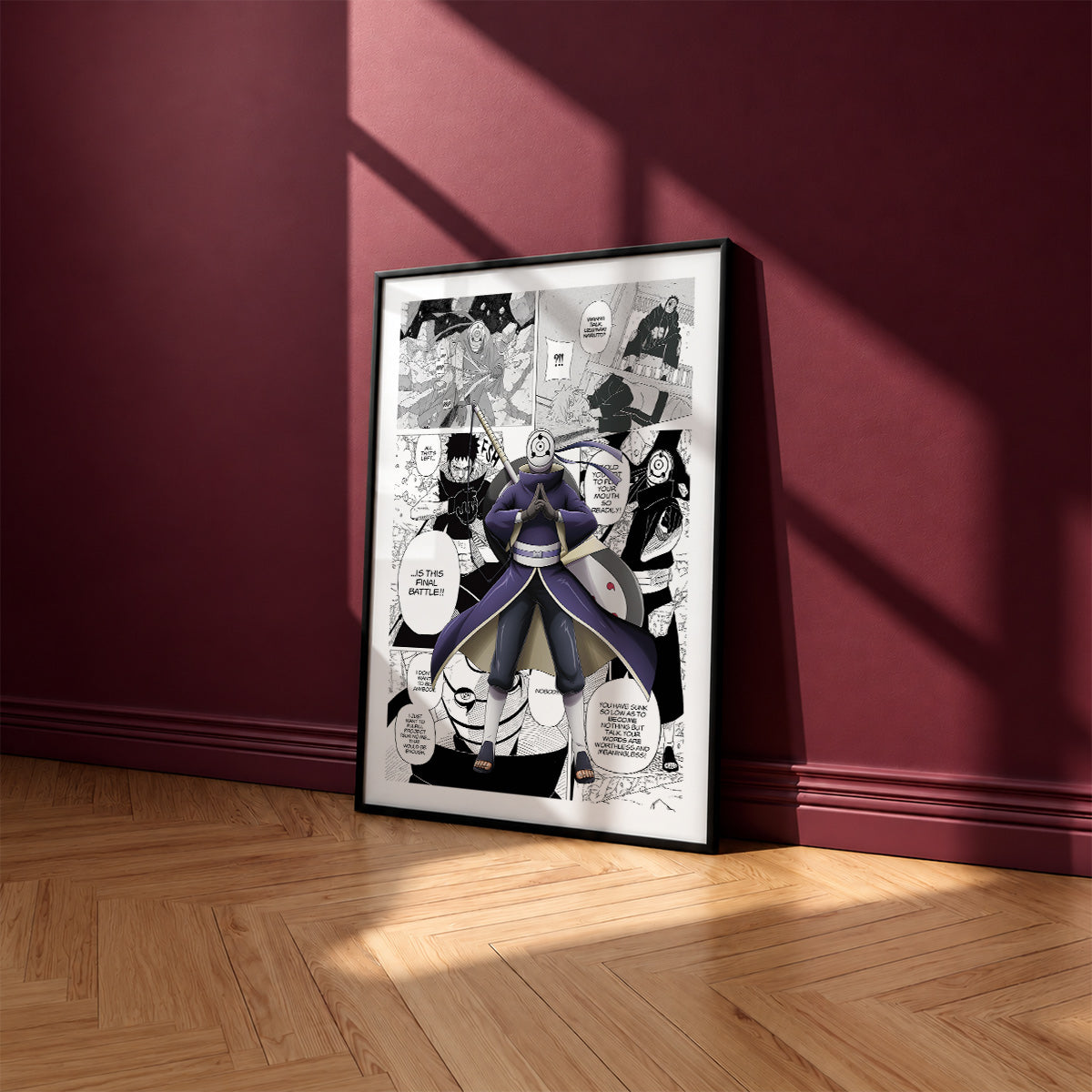 Obito Uchiha manga poster inspired by Naruto in a black frame against a burgundy wall