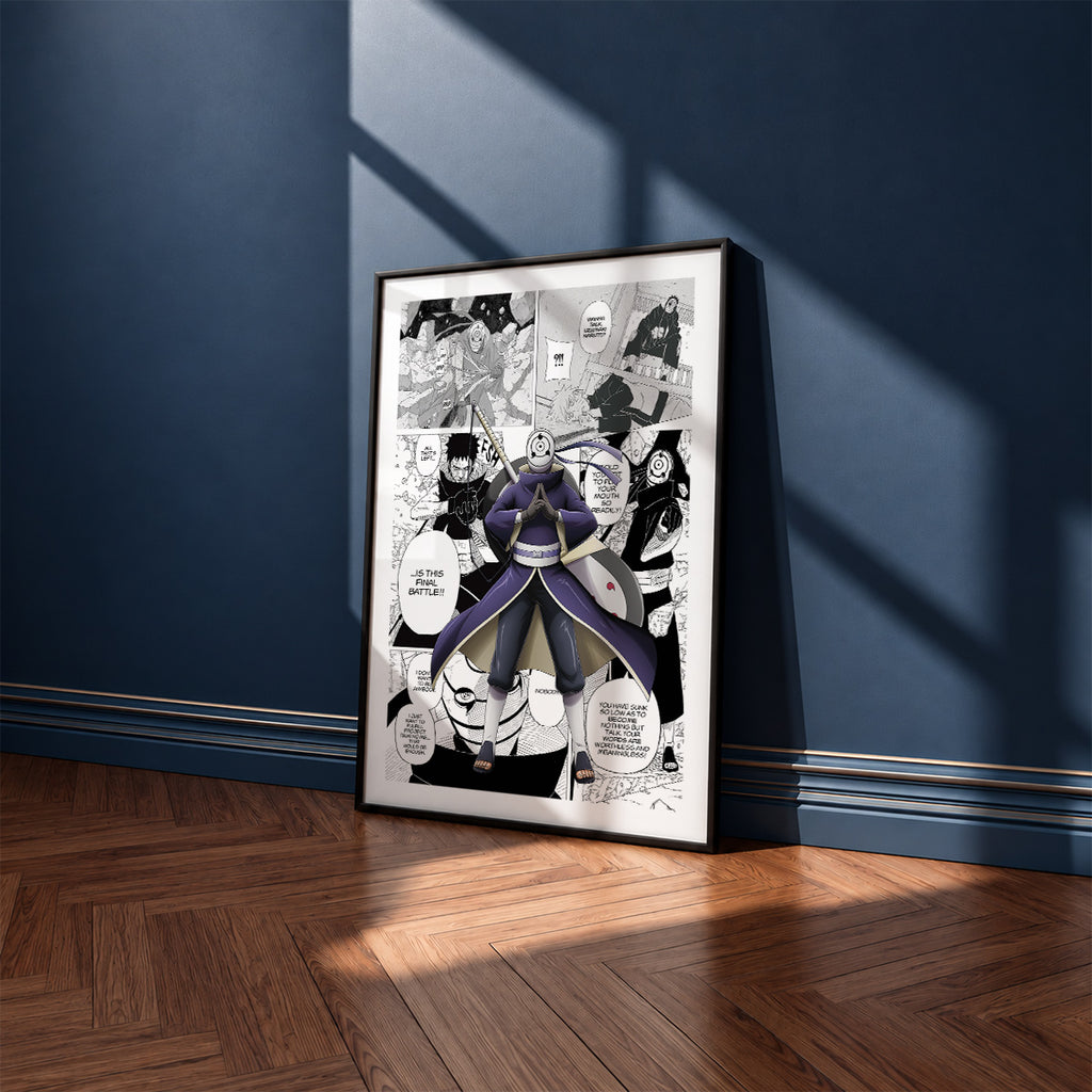 Obito Uchiha manga poster inspired by Naruto in a black frame against a navy blue wall