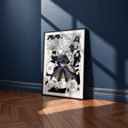Obito Uchiha manga poster inspired by Naruto in a black frame against a navy blue wall