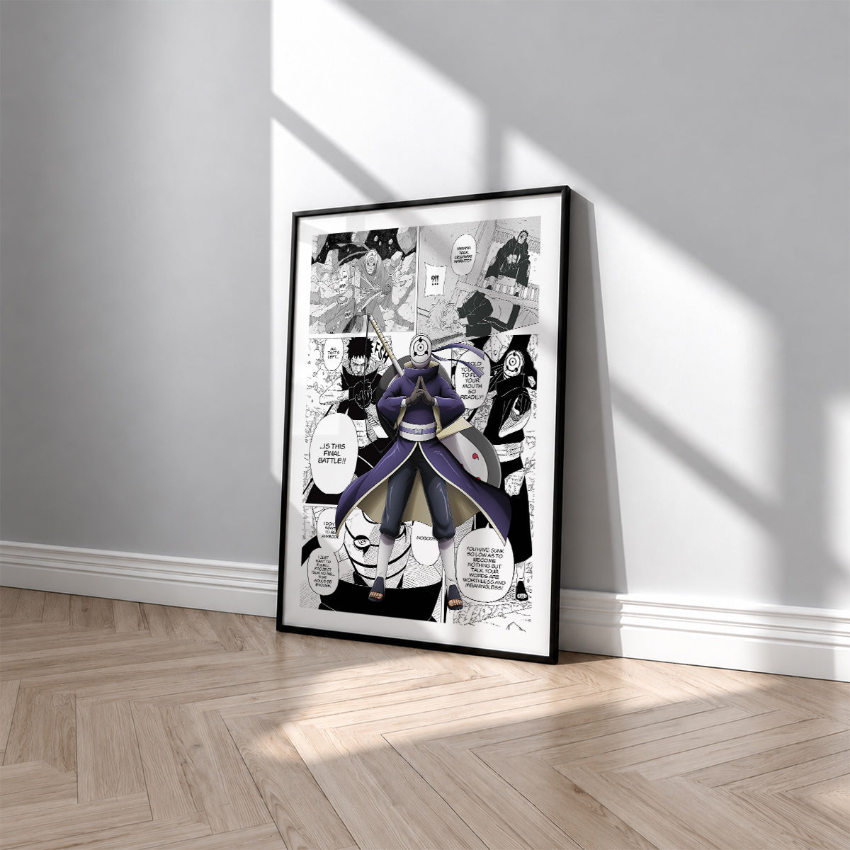 Obito Uchiha manga poster inspired by Naruto in a black frame against a light gray wall