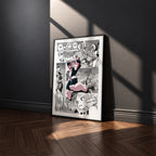 Ochaco Uraraka manga poster inspired by My Hero Academia in a black frame against a charcoal gray wall
