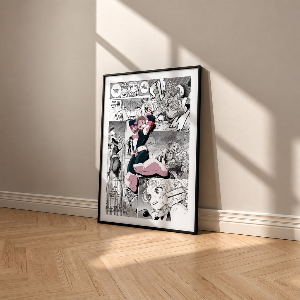 Ochaco Uraraka manga poster inspired by My Hero Academia in a black frame against a warm beige wall