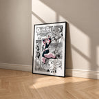 Ochaco Uraraka manga poster inspired by My Hero Academia in a black frame against a warm beige wall