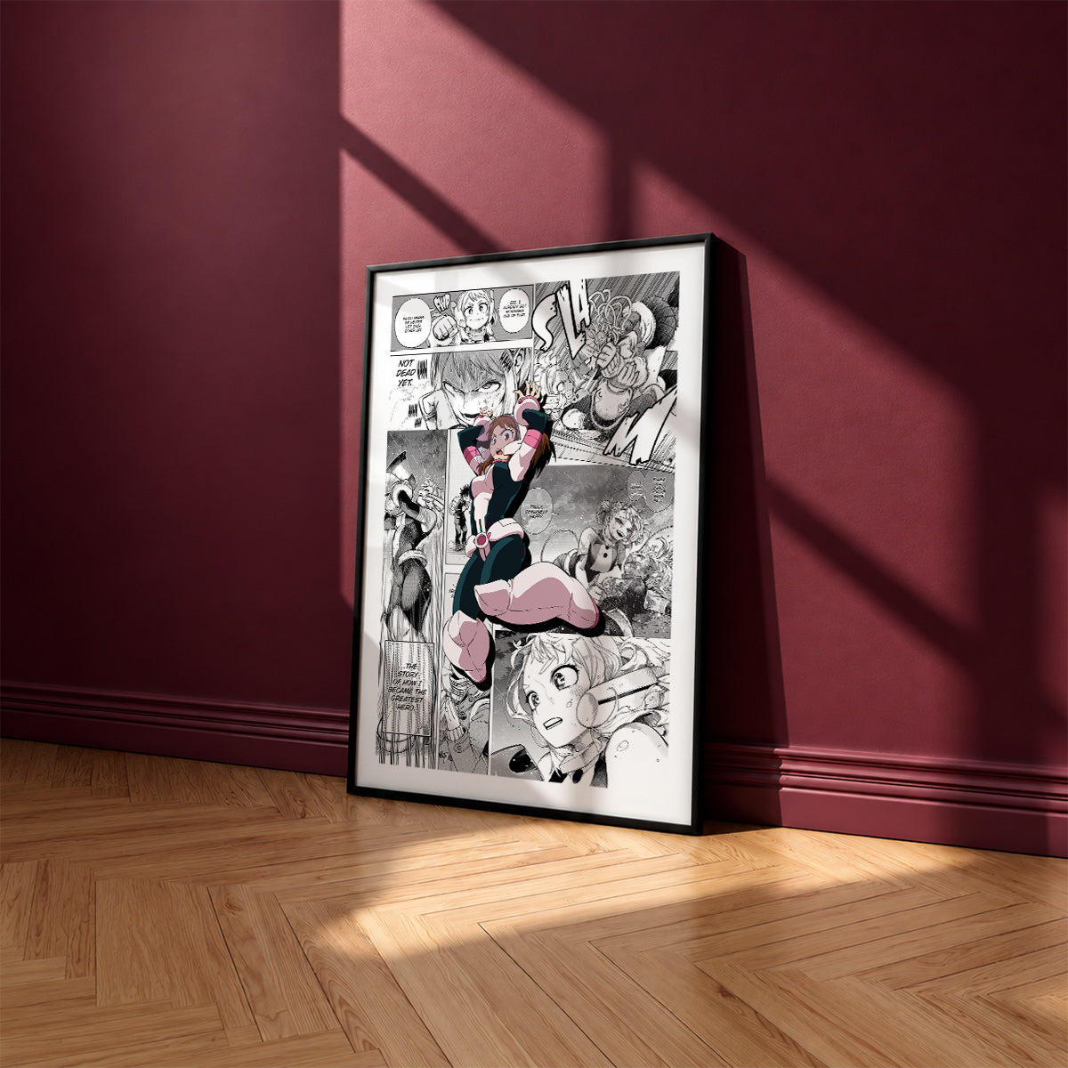 Ochaco Uraraka manga poster inspired by My Hero Academia in a black frame against a burgundy wall