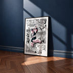 Ochaco Uraraka manga poster inspired by My Hero Academia in a black frame against a navy blue wall