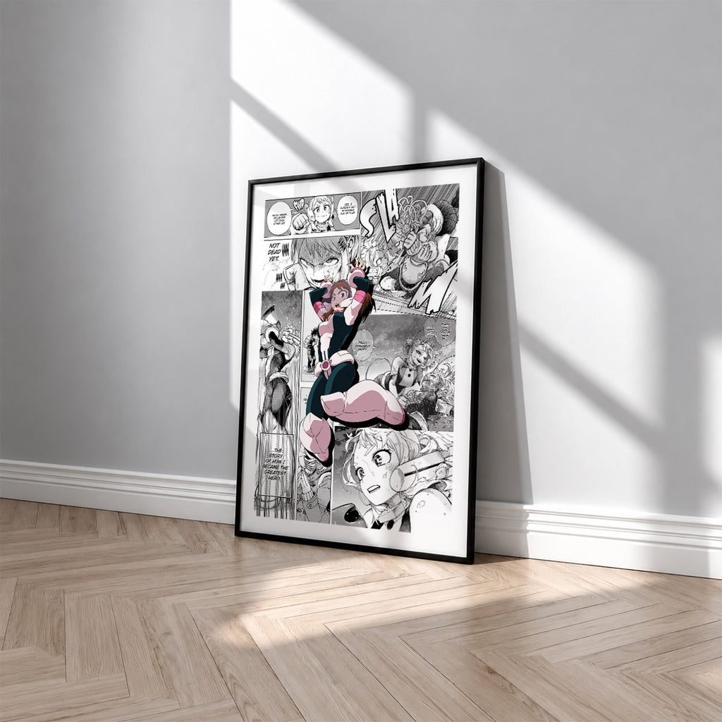 Ochaco Uraraka manga poster inspired by My Hero Academia in a black frame against a light gray wall