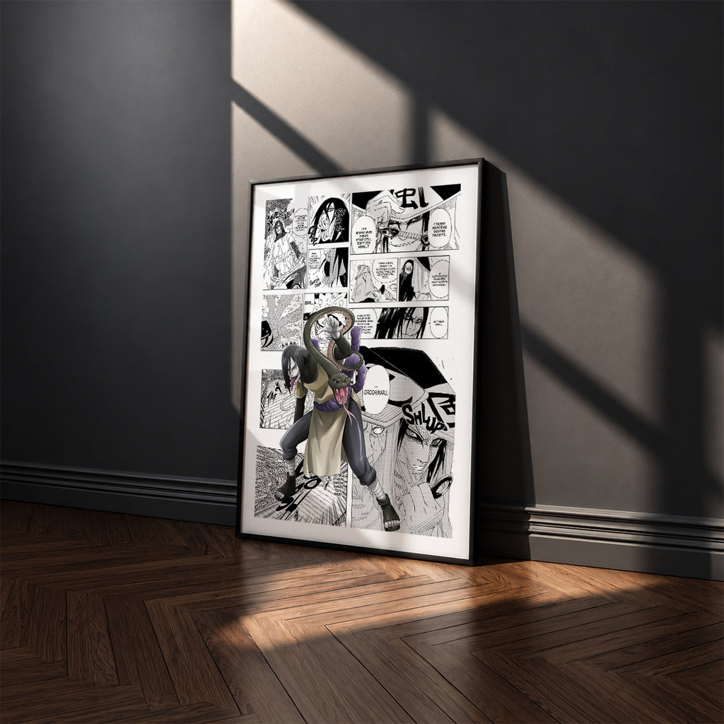 Orochimaru manga poster inspired by Naruto in a black frame against a charcoal gray wall