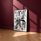 Orochimaru manga poster inspired by Naruto in a black frame against a burgundy wall