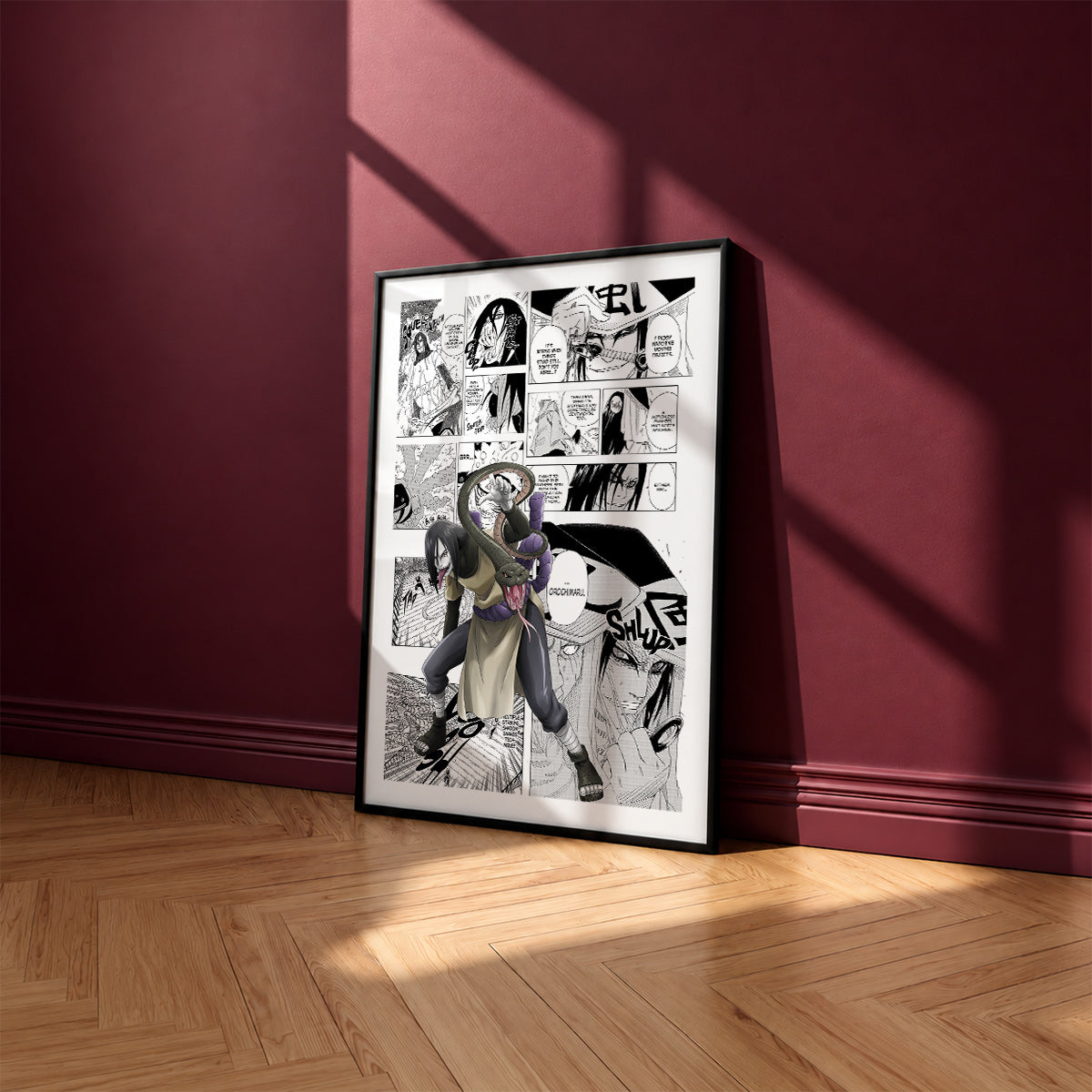 Orochimaru manga poster inspired by Naruto in a black frame against a burgundy wall