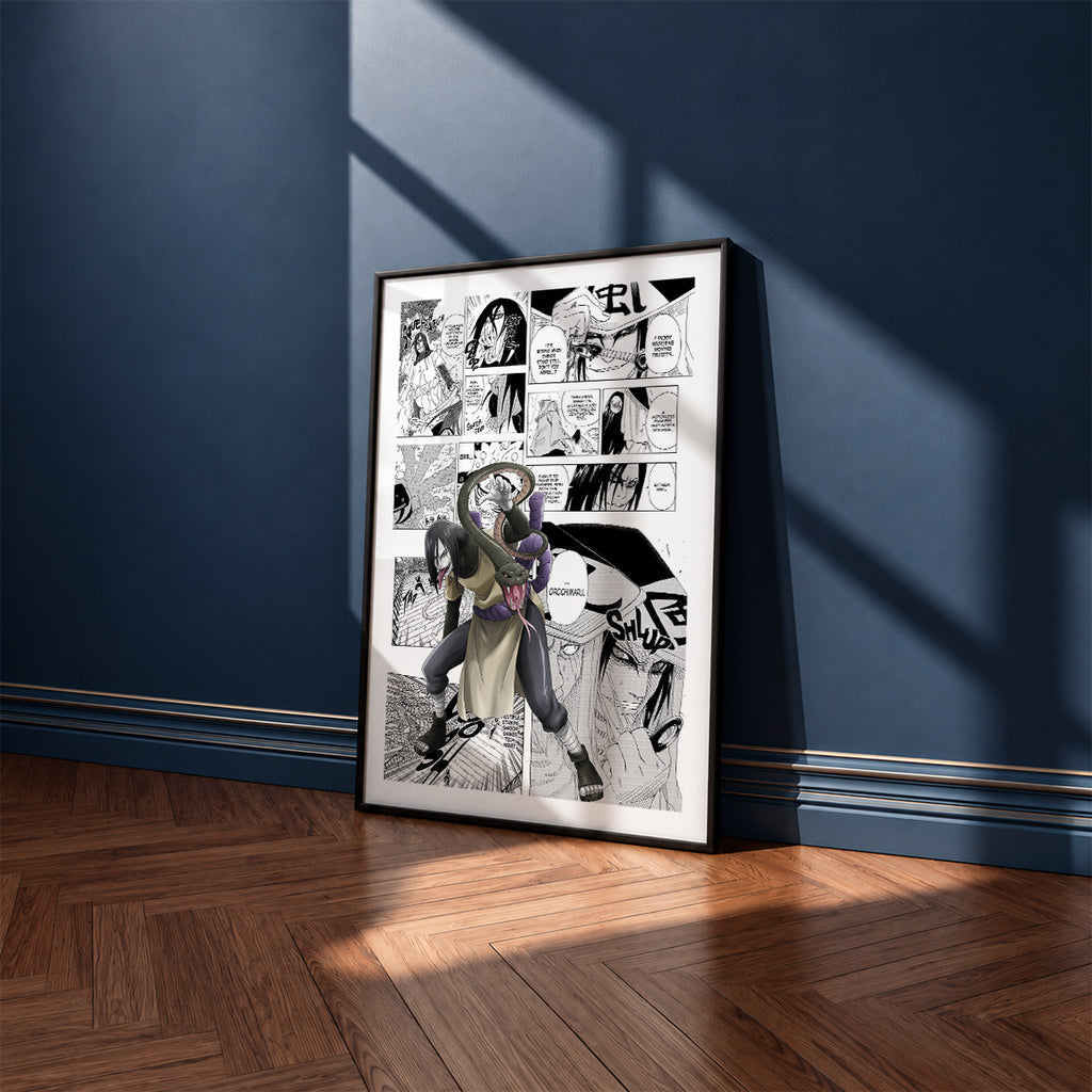 Orochimaru manga poster inspired by Naruto in a black frame against a navy blue wall