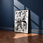 Orochimaru manga poster inspired by Naruto in a black frame against a navy blue wall