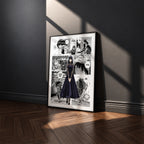 Osaragi manga poster inspired by Sakamoto Days in a black frame against a charcoal gray wall