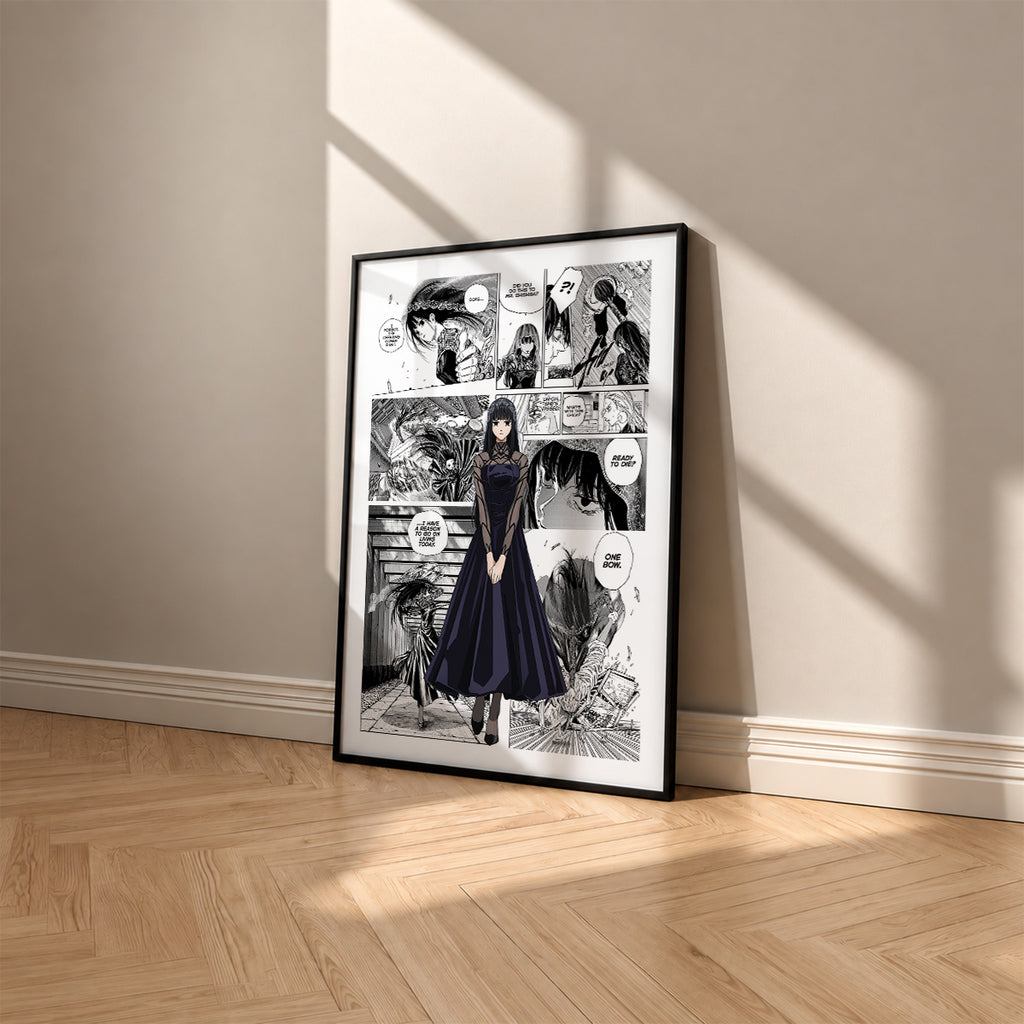 Osaragi manga poster inspired by Sakamoto Days in a black frame against a warm beige wall