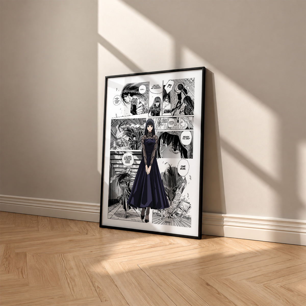Osaragi manga poster inspired by Sakamoto Days in a black frame against a warm beige wall