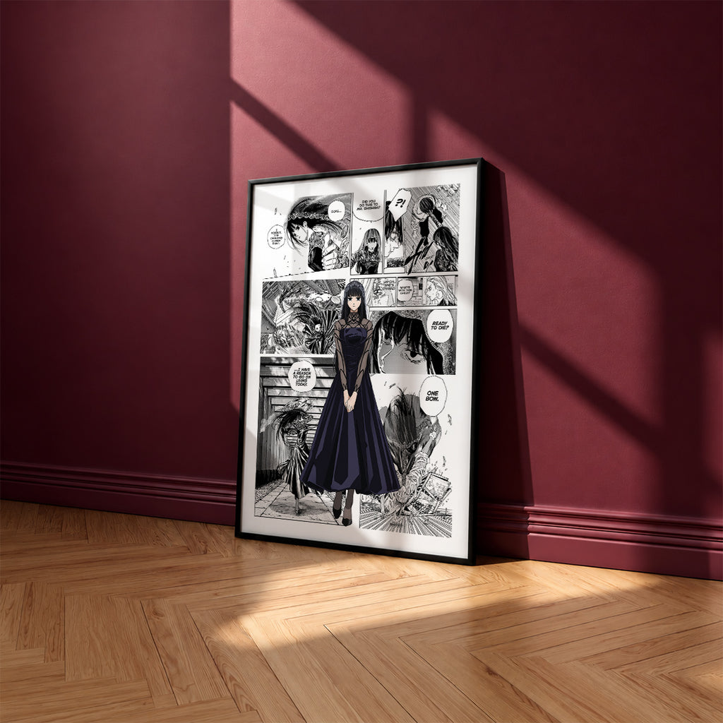 Osaragi manga poster inspired by Sakamoto Days in a black frame against a burgundy wall