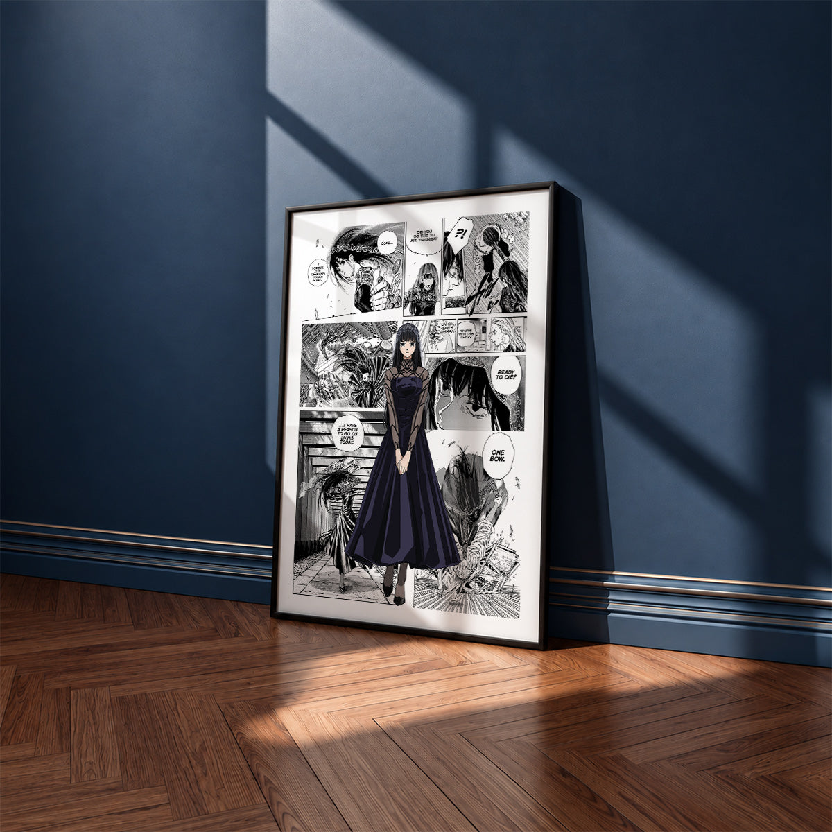 Osaragi manga poster inspired by Sakamoto Days in a black frame against a navy blue wall