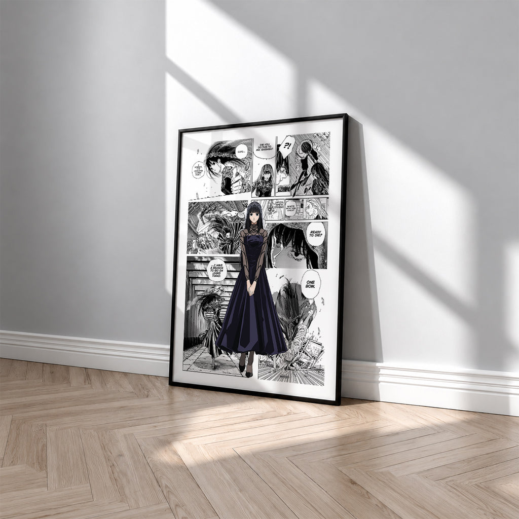 Osaragi manga poster inspired by Sakamoto Days in a black frame against a light gray wall